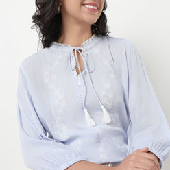 Order Now Women Embroidered Band Neck Straight Regular Fit Ethnic Wear Top by Style Union