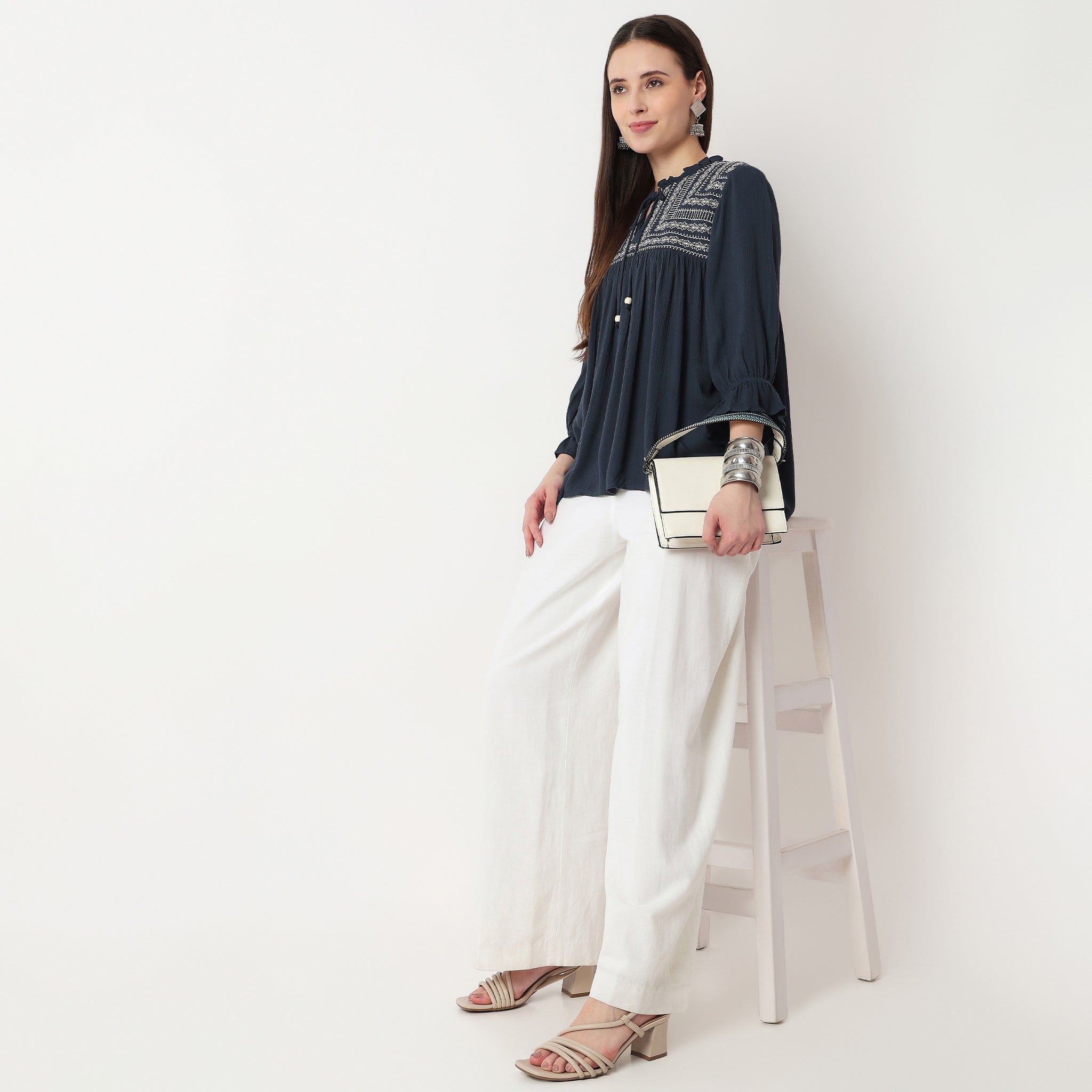 Embroidered Front Gathered Yoke Top