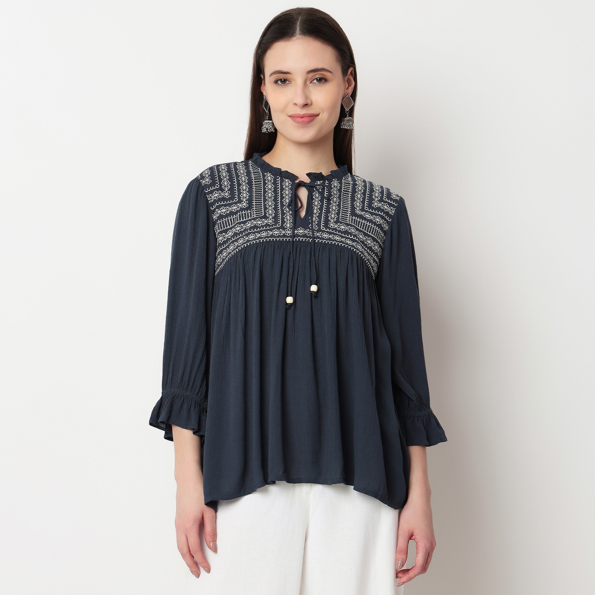 Embroidered Front Gathered Yoke Top