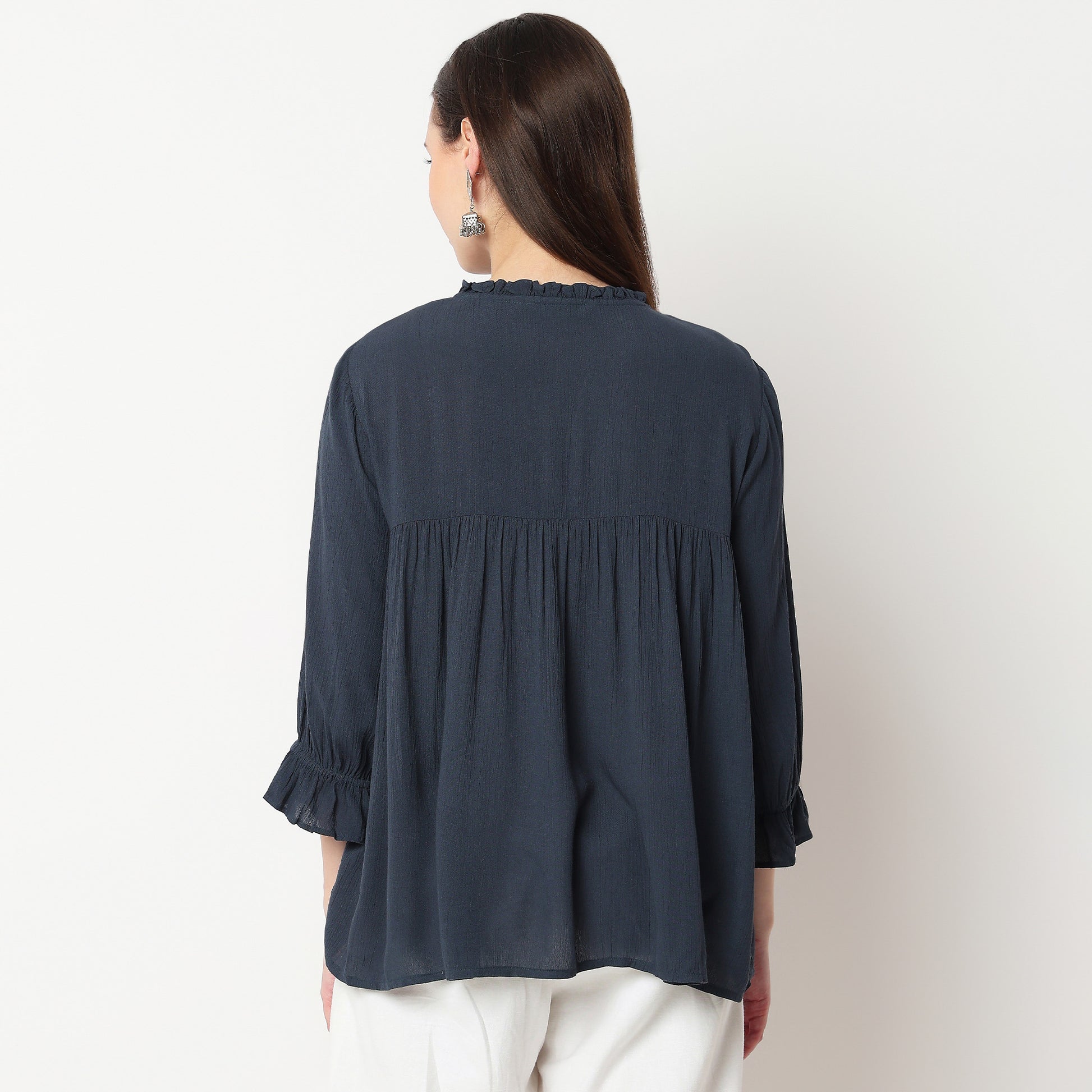 Embroidered Front Gathered Yoke Top