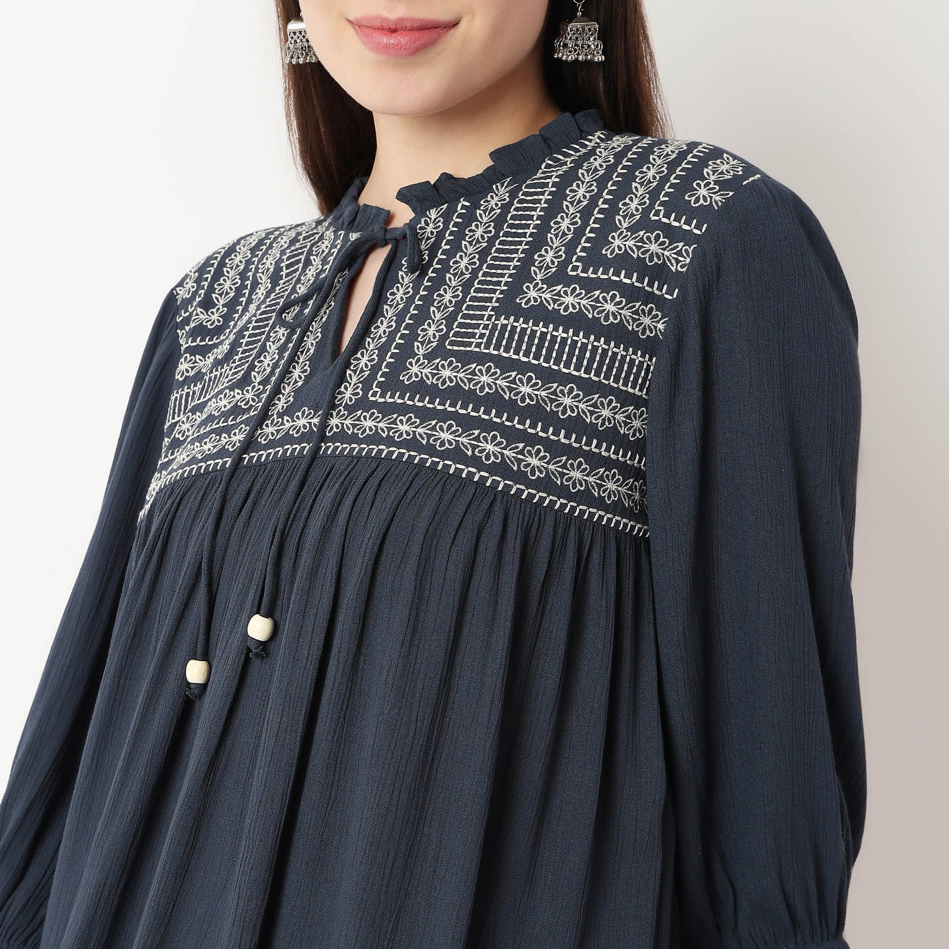 Embroidered Front Gathered Yoke Top