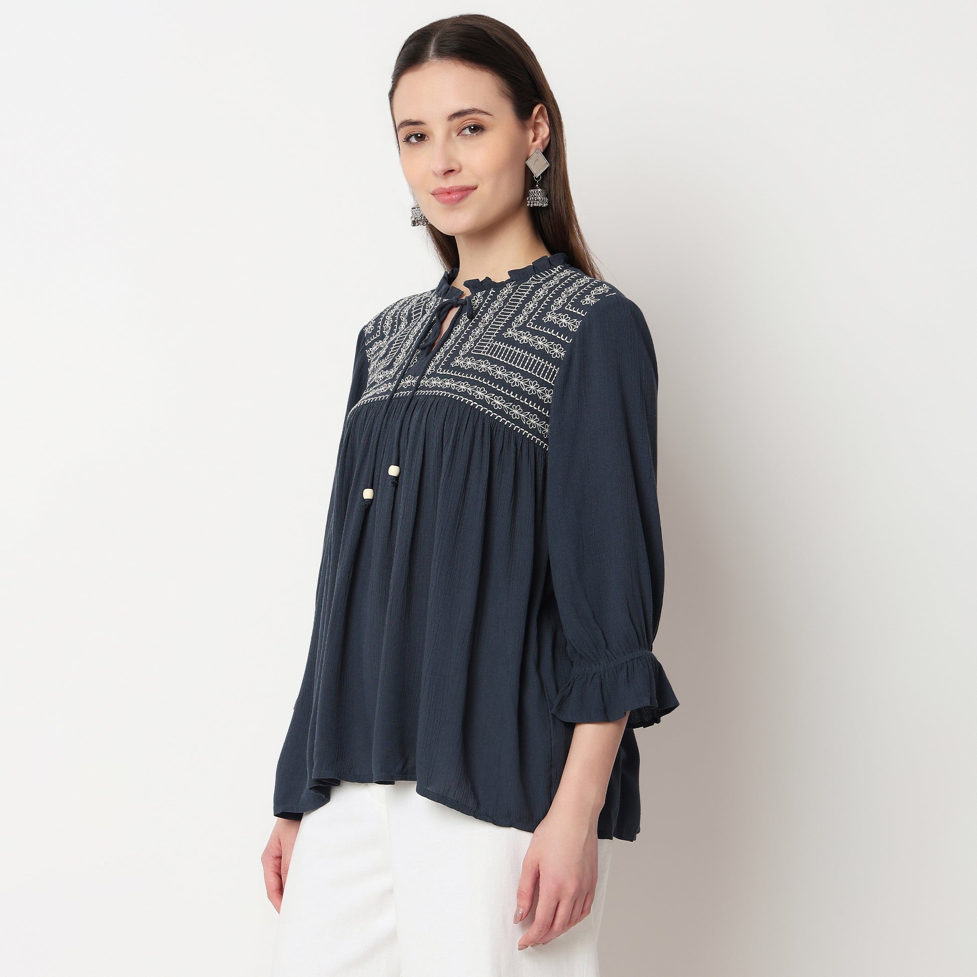 Embroidered Front Gathered Yoke Top