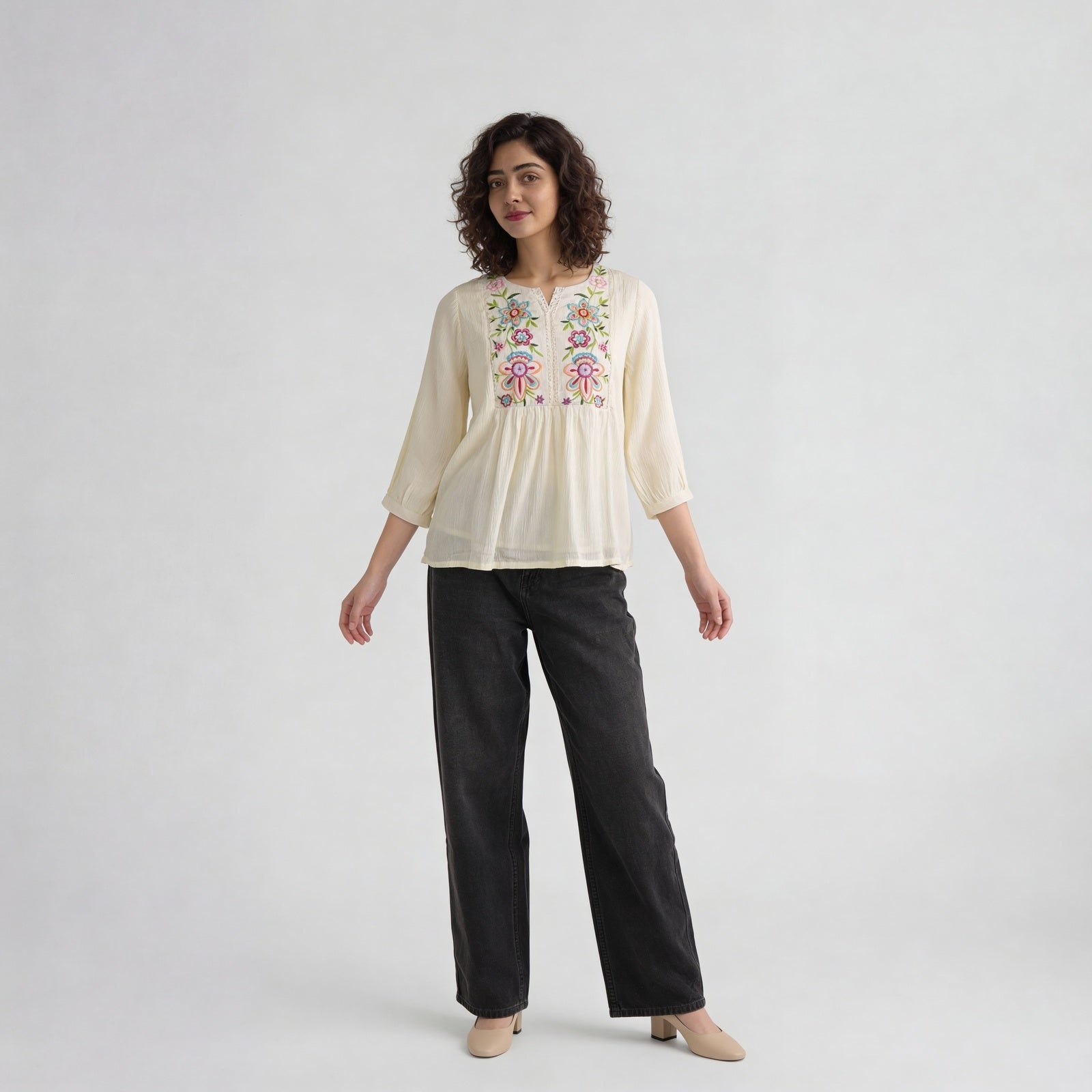 Viscose Embroidered Three-Fourth Sleeve Top