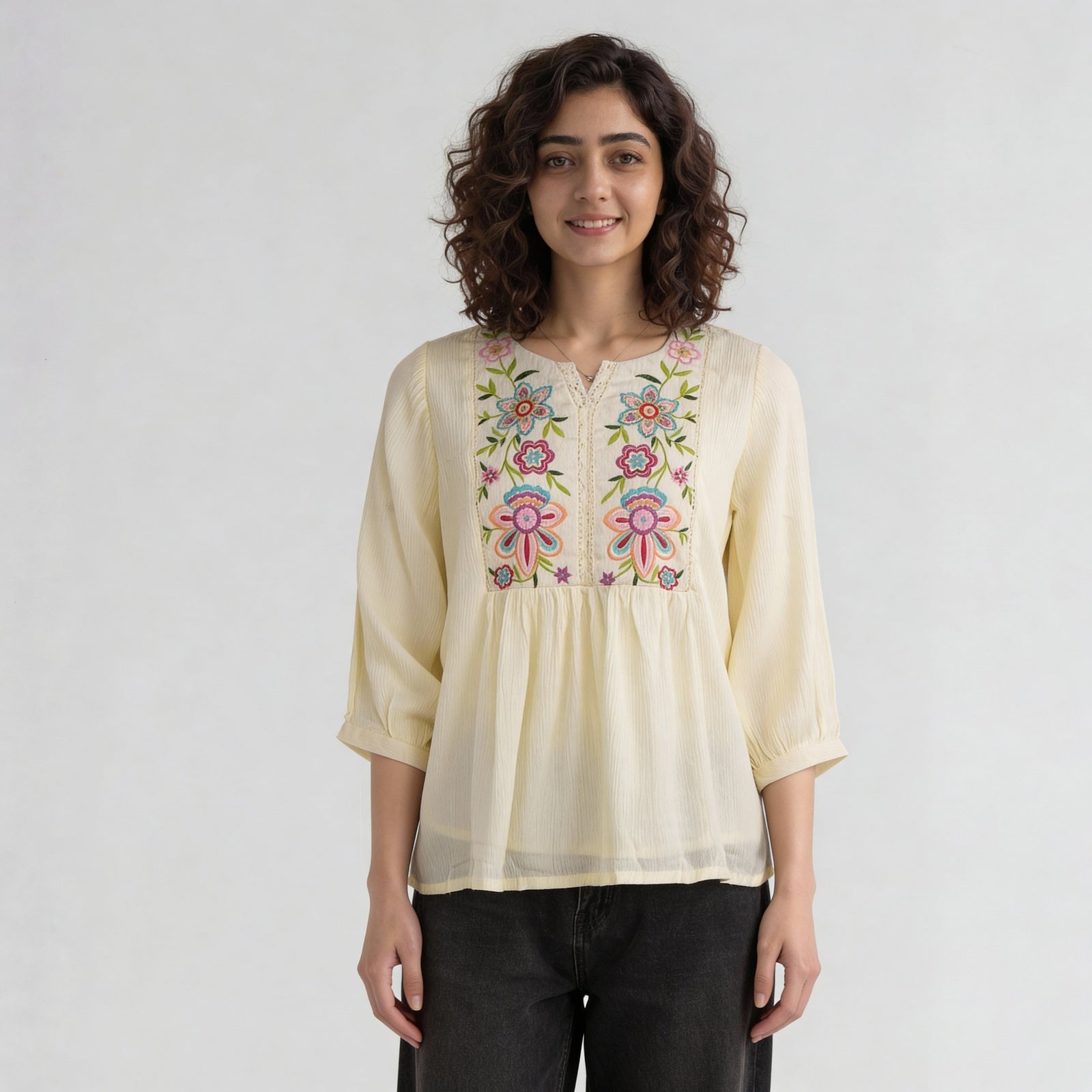 Viscose Embroidered Three-Fourth Sleeve Top