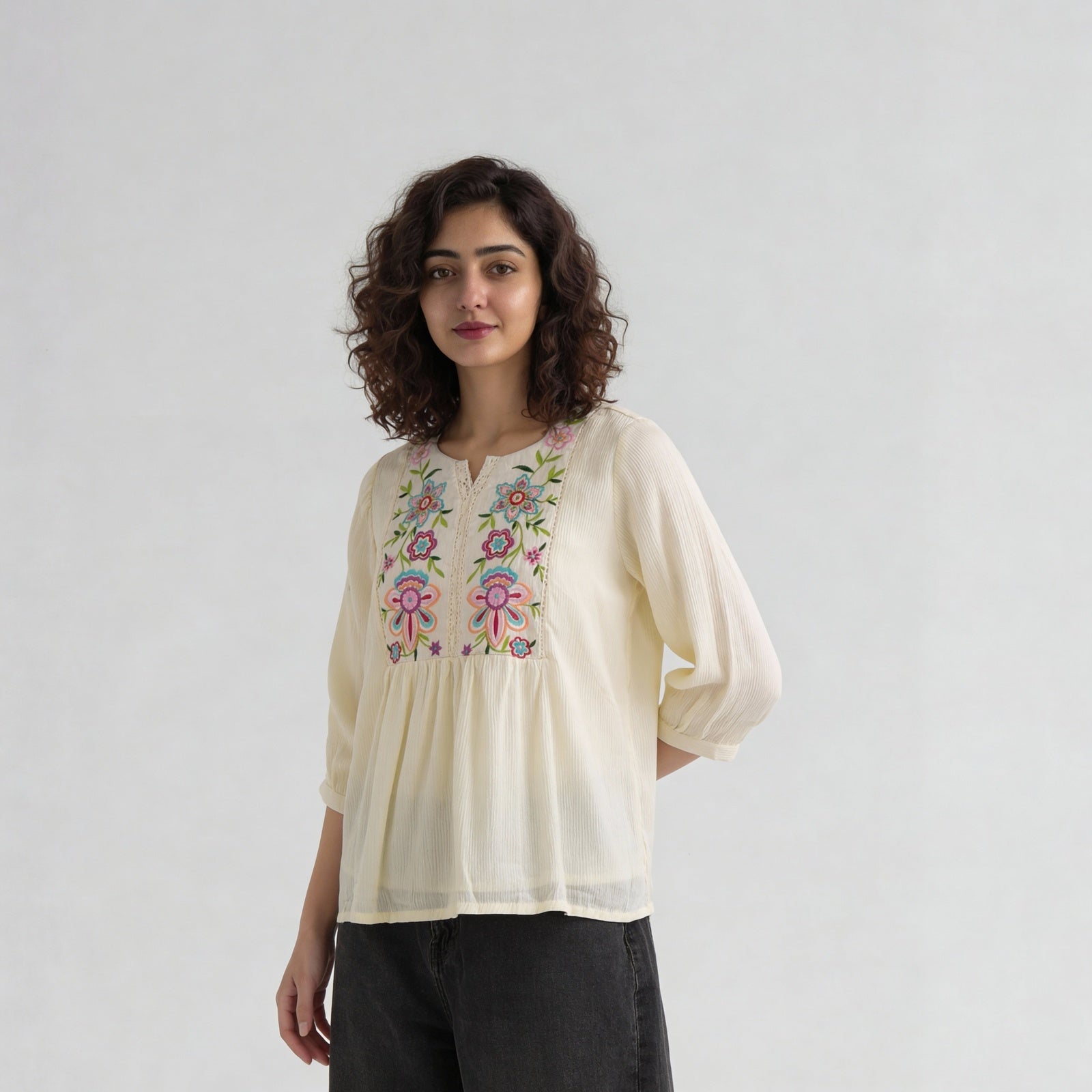 Viscose Embroidered Three-Fourth Sleeve Top