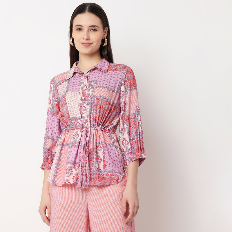 Shirt With Waist Tie Up Through Tunnel