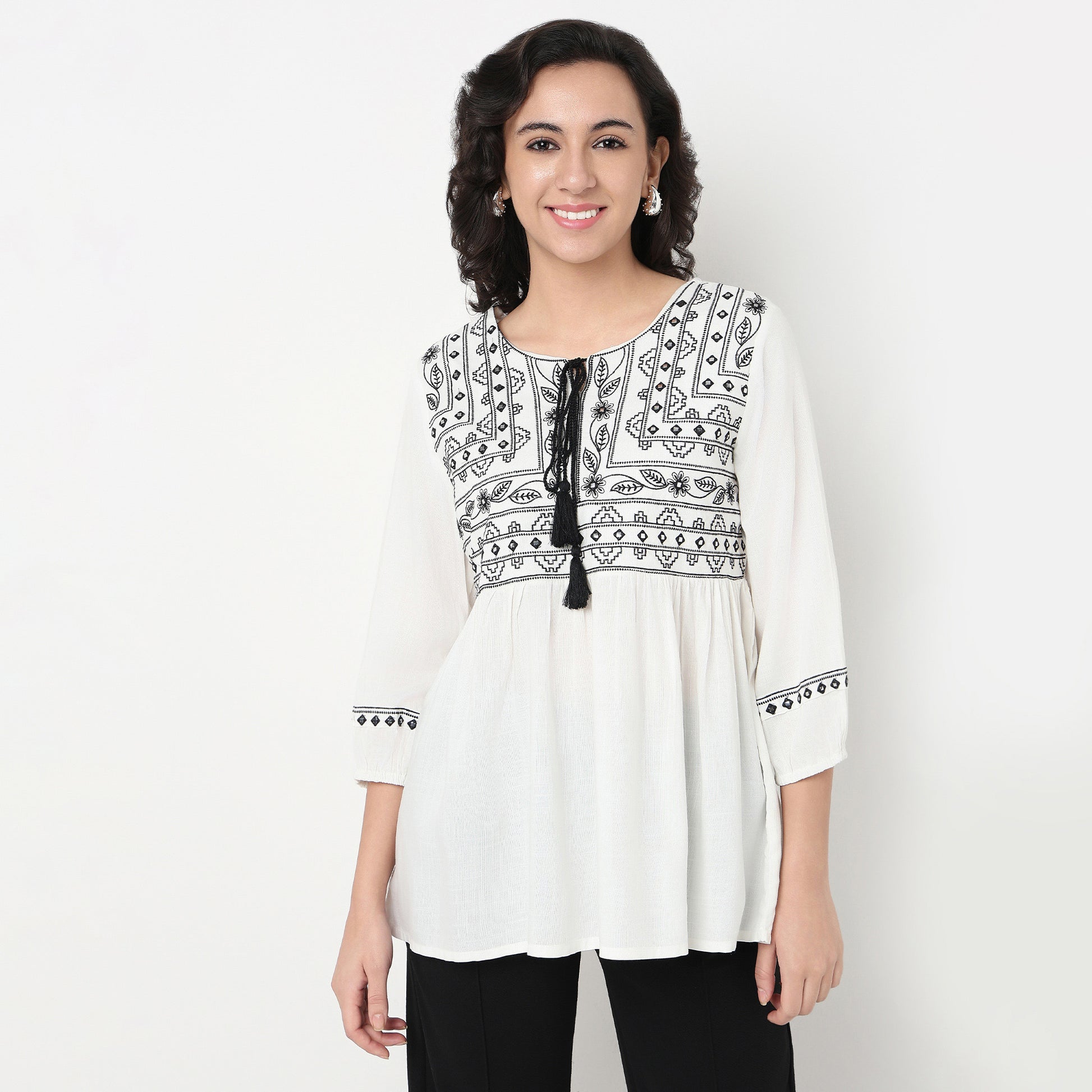 Order Now Women Embroidered Round Neck Straight Relaxed Fit Ethnic Wear Top by Style Union
