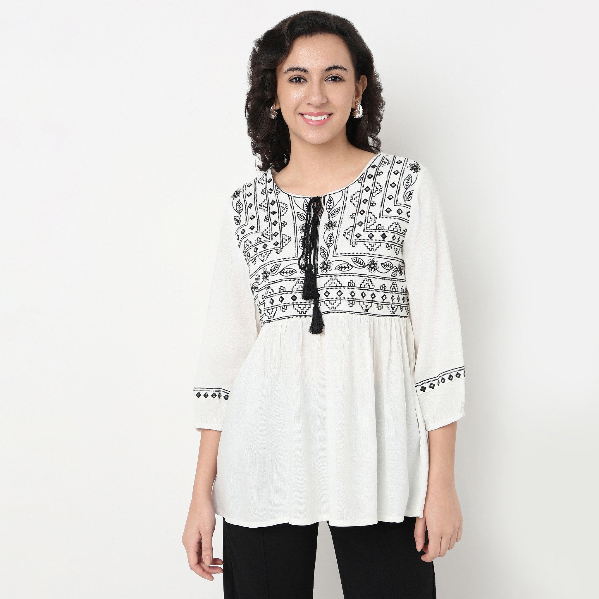 Order Now Women Embroidered Round Neck Straight Relaxed Fit Ethnic Wear Top by Style Union