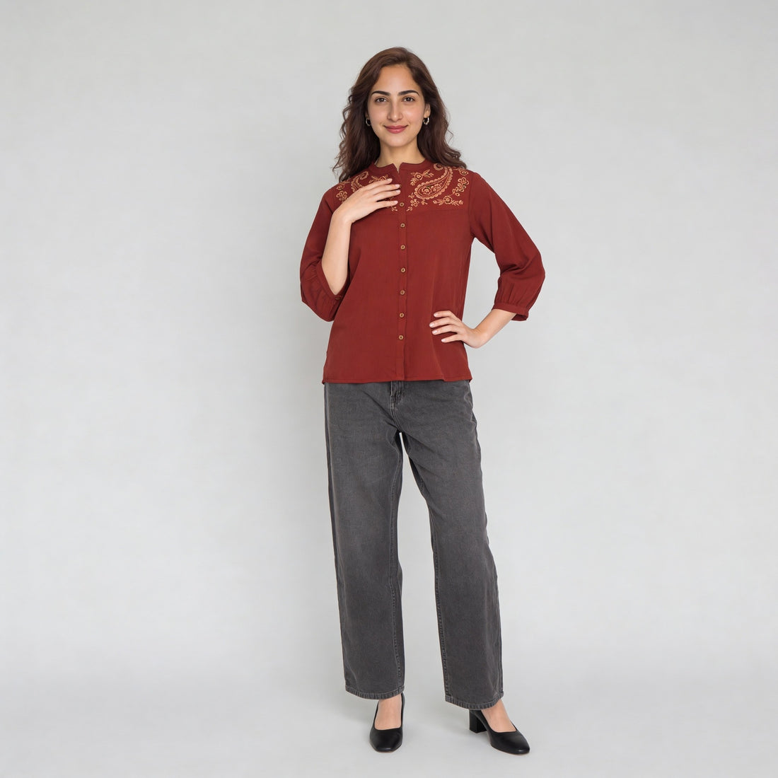 Polyester Embroidered Three-Fourth Sleeve Top