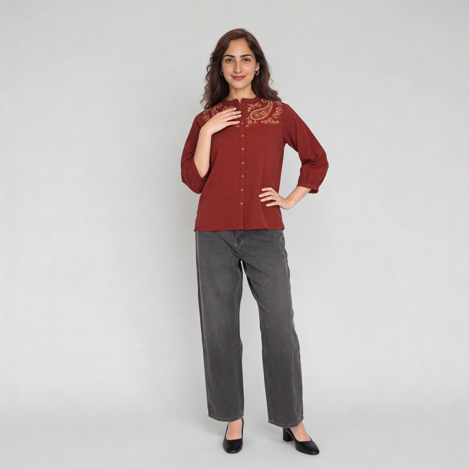 Polyester Embroidered Three-Fourth Sleeve Top