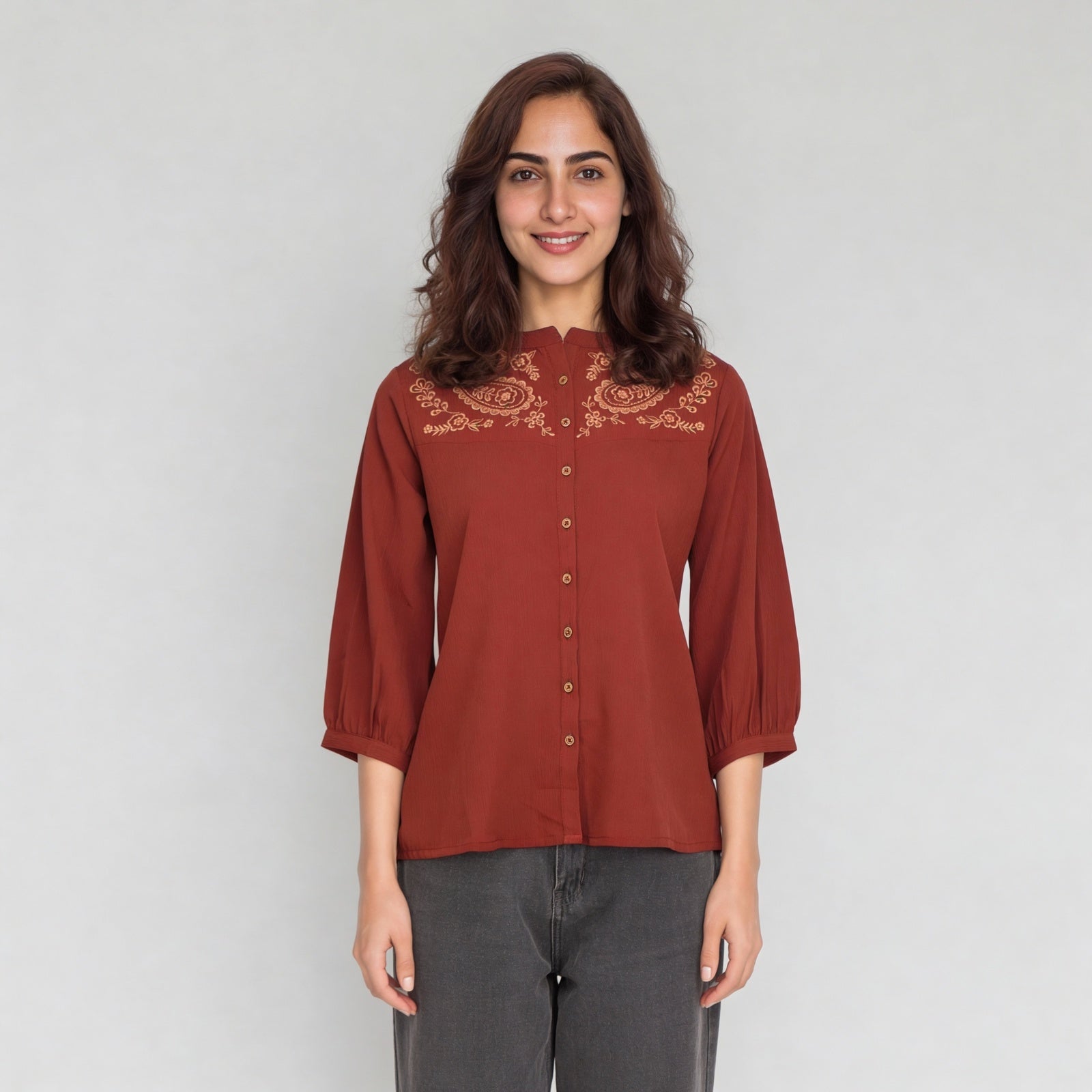 Polyester Embroidered Three-Fourth Sleeve Top