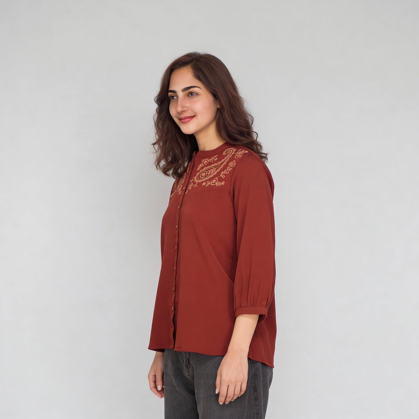 Polyester Embroidered Three-Fourth Sleeve Top