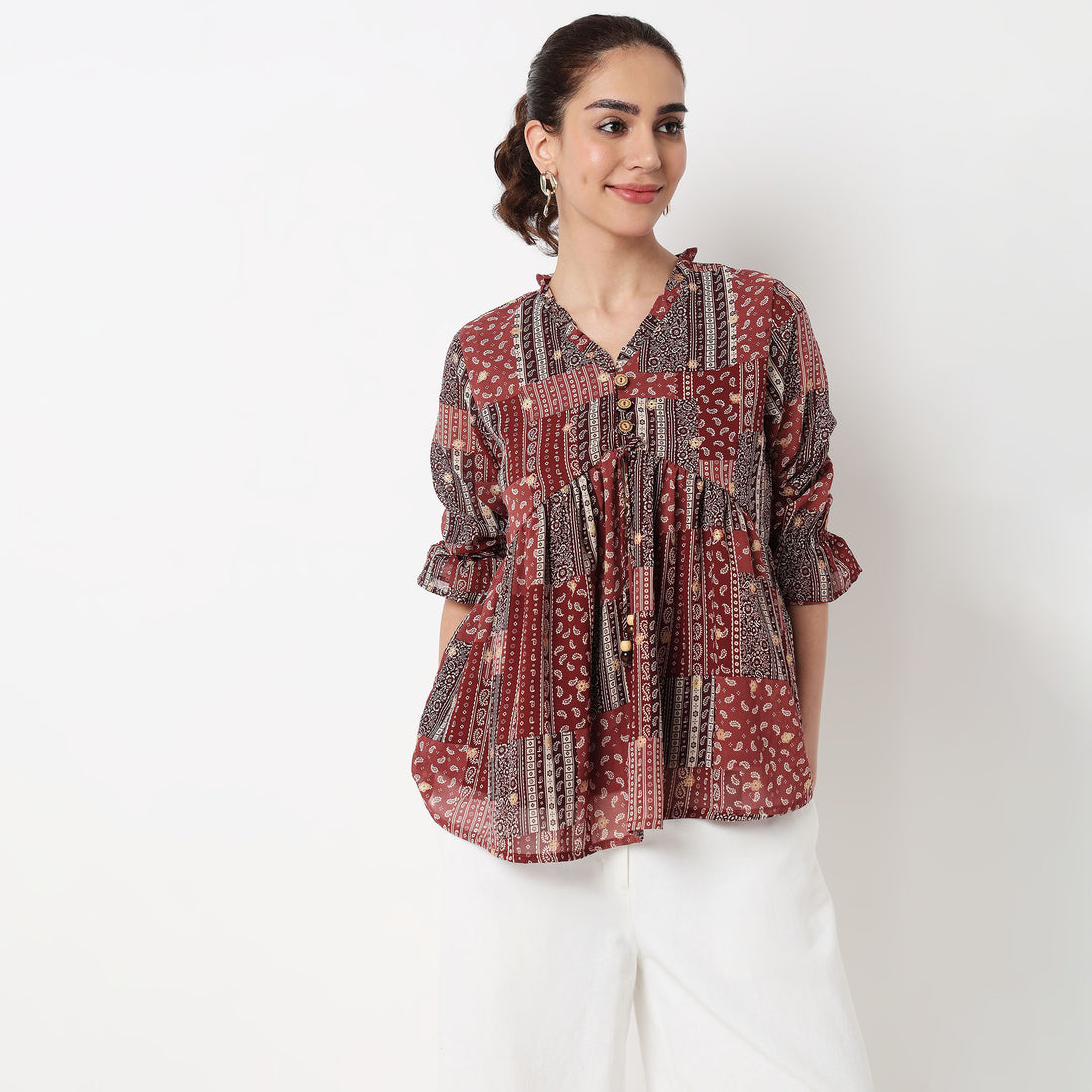 Button Down W Cut Ruffle Neckline Top 