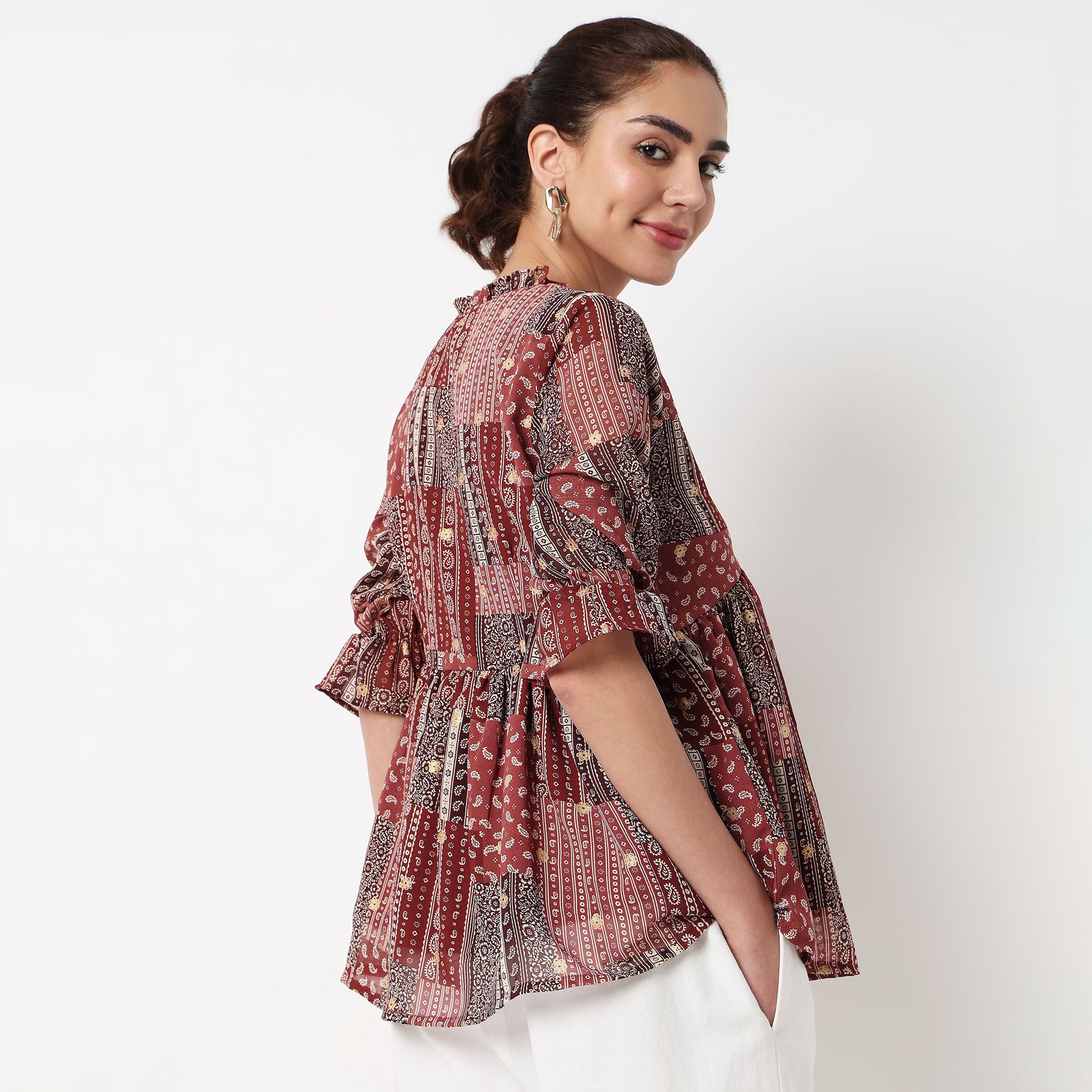 Button Down W Cut Ruffle Neckline Top 