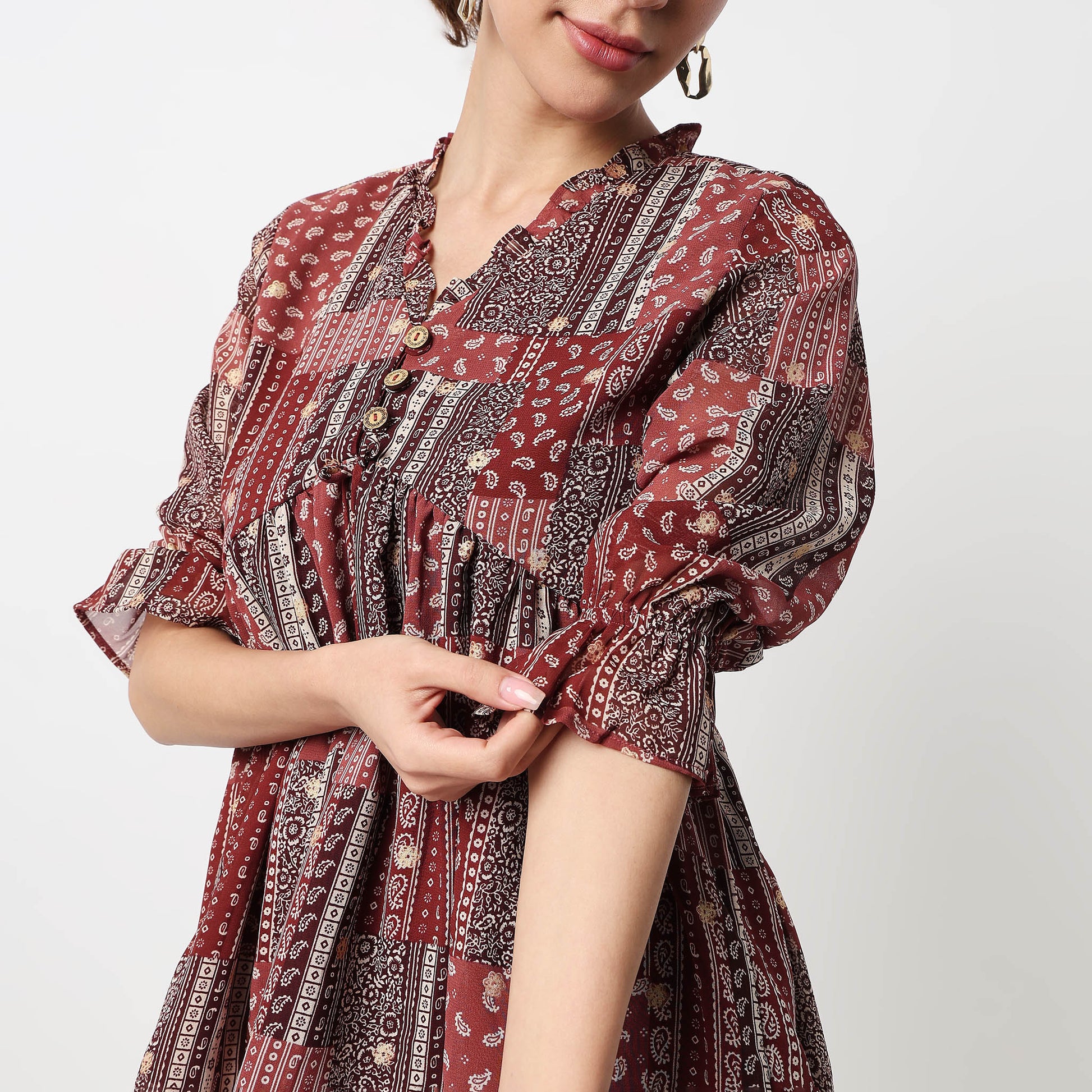 Button Down W Cut Ruffle Neckline Top 