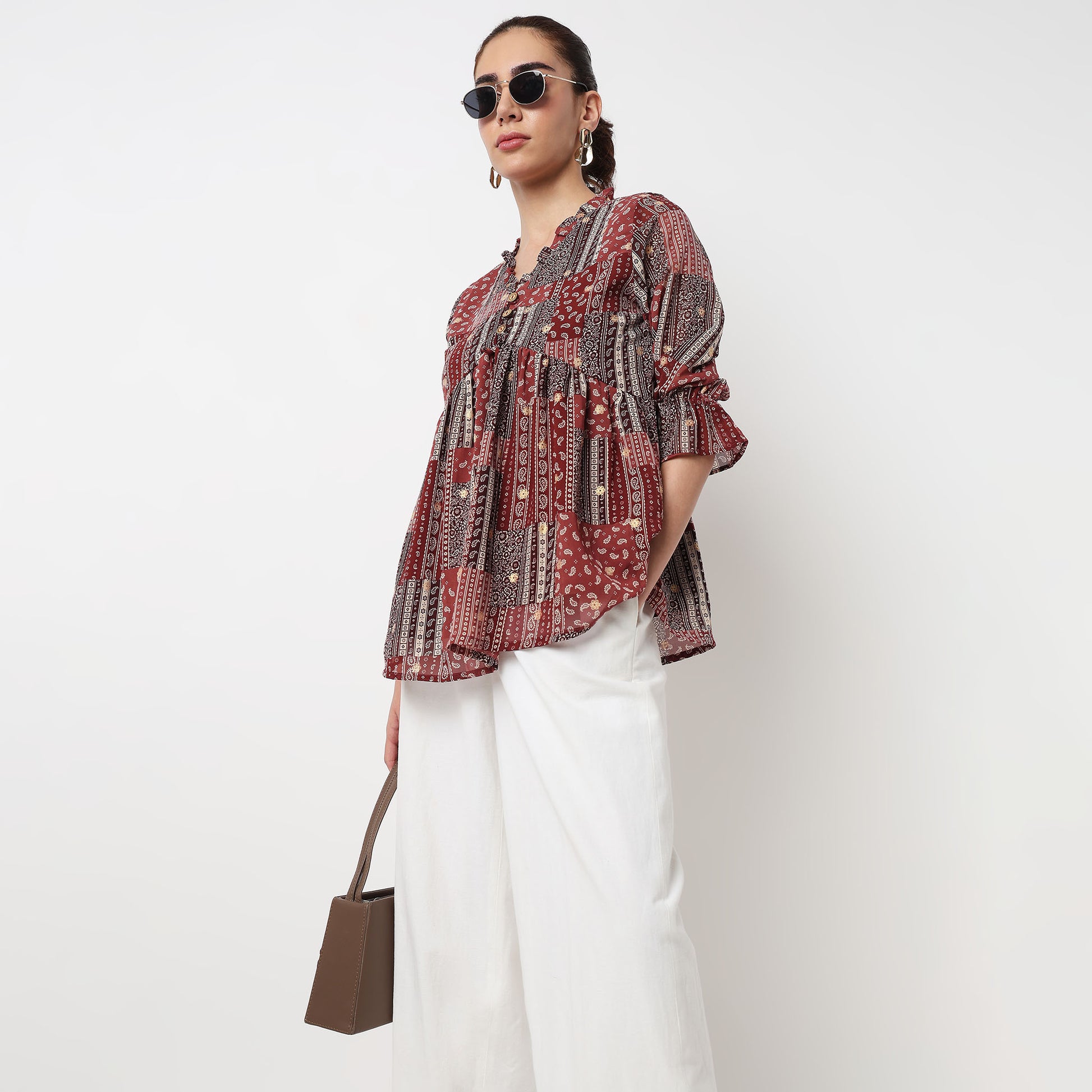 Button Down W Cut Ruffle Neckline Top 