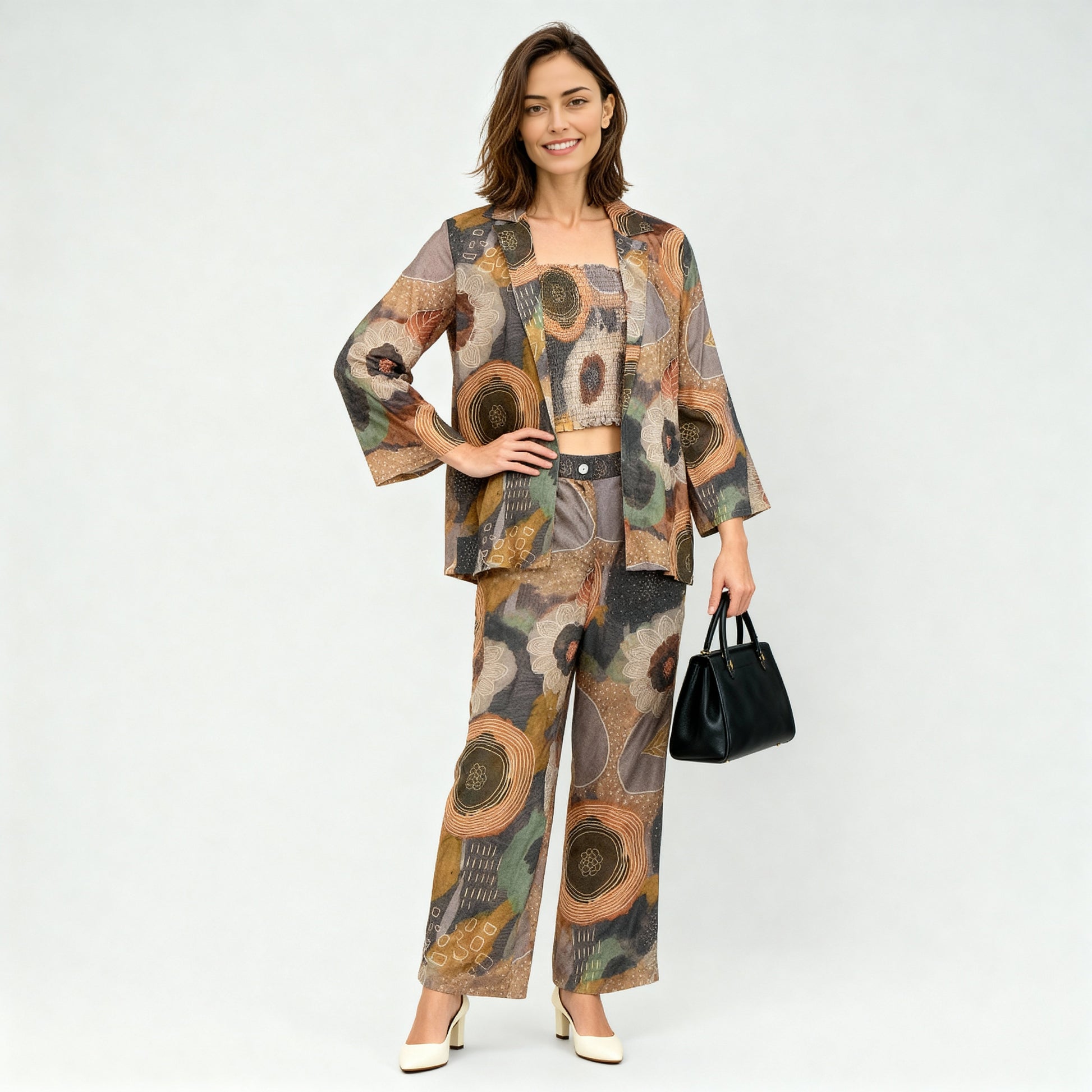 Printed Shirt Collar Shrug With Smocked Crop Top