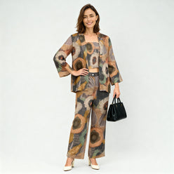 Printed Shirt Collar Shrug With Smocked Crop Top