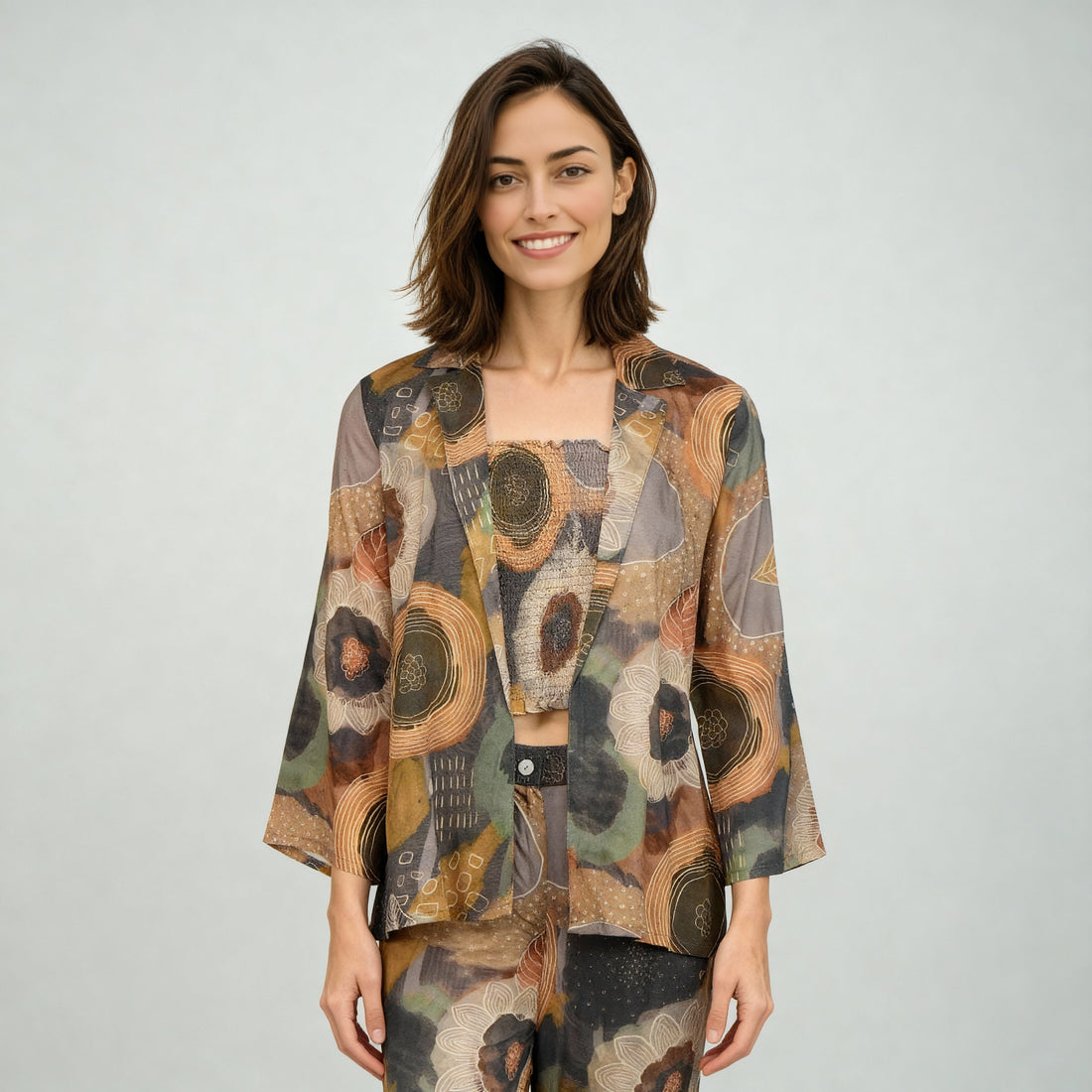 Printed Shirt Collar Shrug With Smocked Crop Top