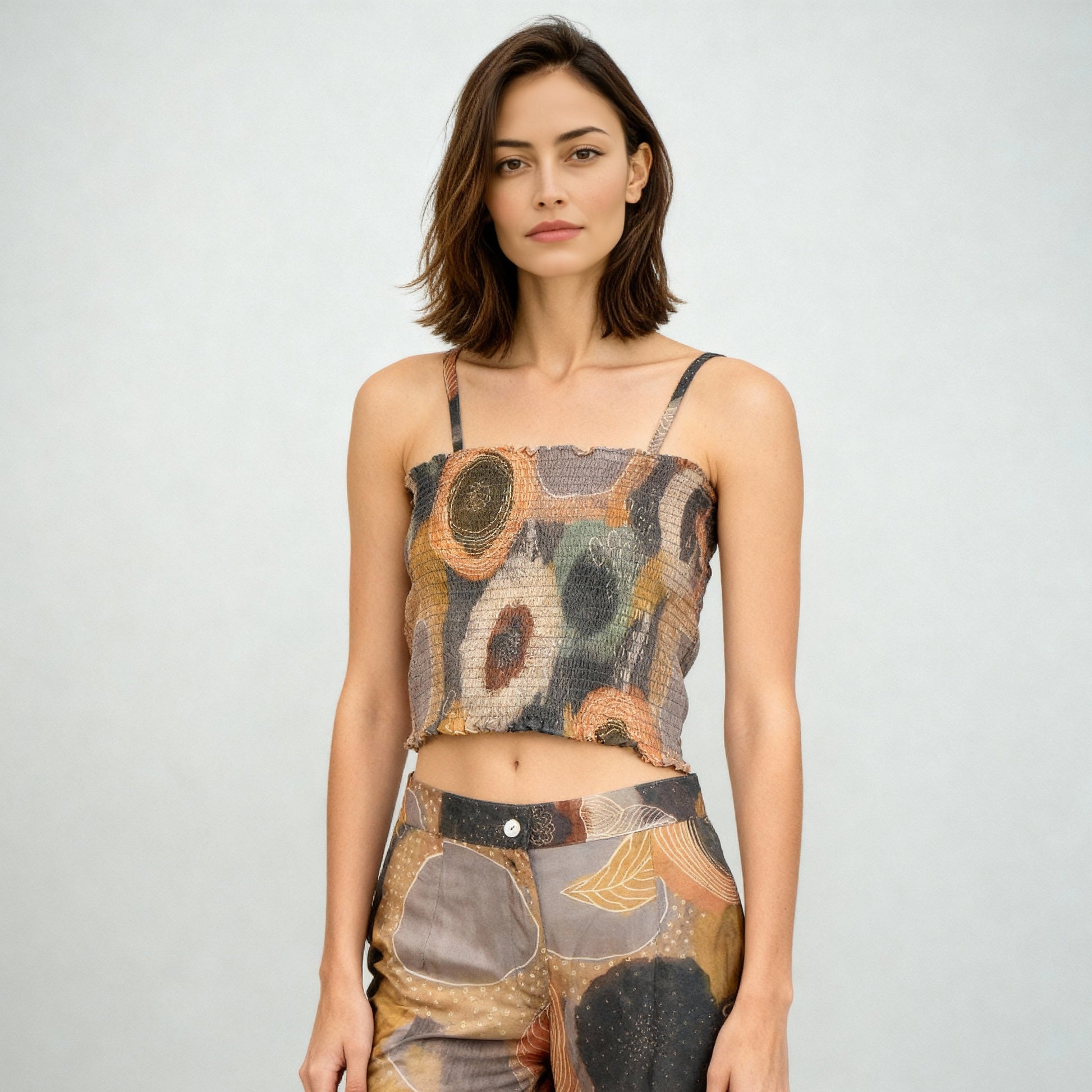 Printed Shirt Collar Shrug With Smocked Crop Top