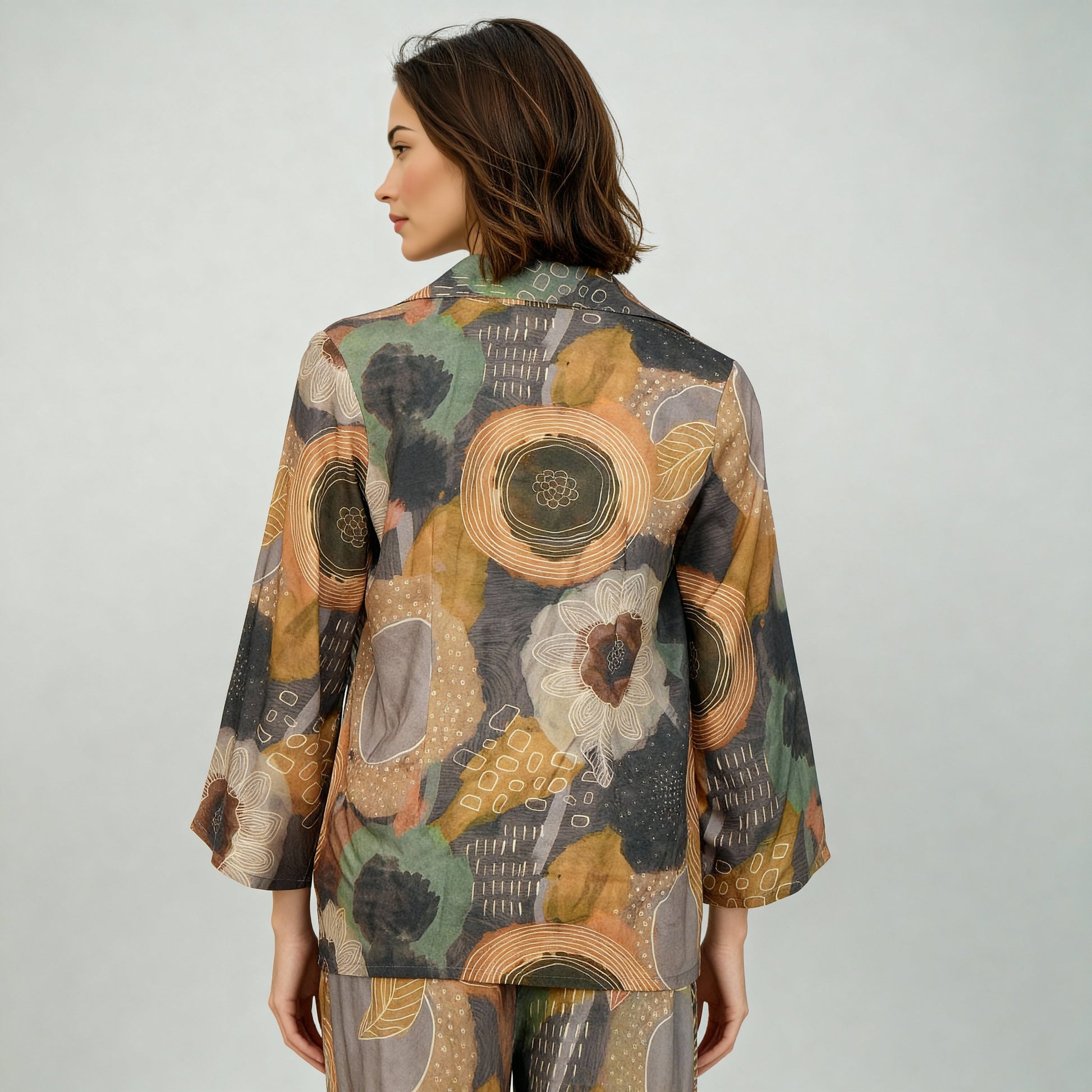 Printed Shirt Collar Shrug With Smocked Crop Top