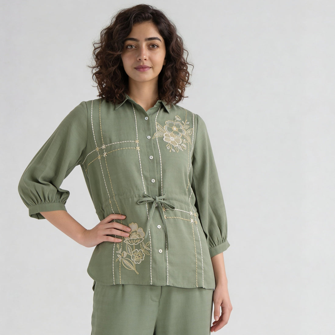 Embroidered Shirt With Waist Tie Up