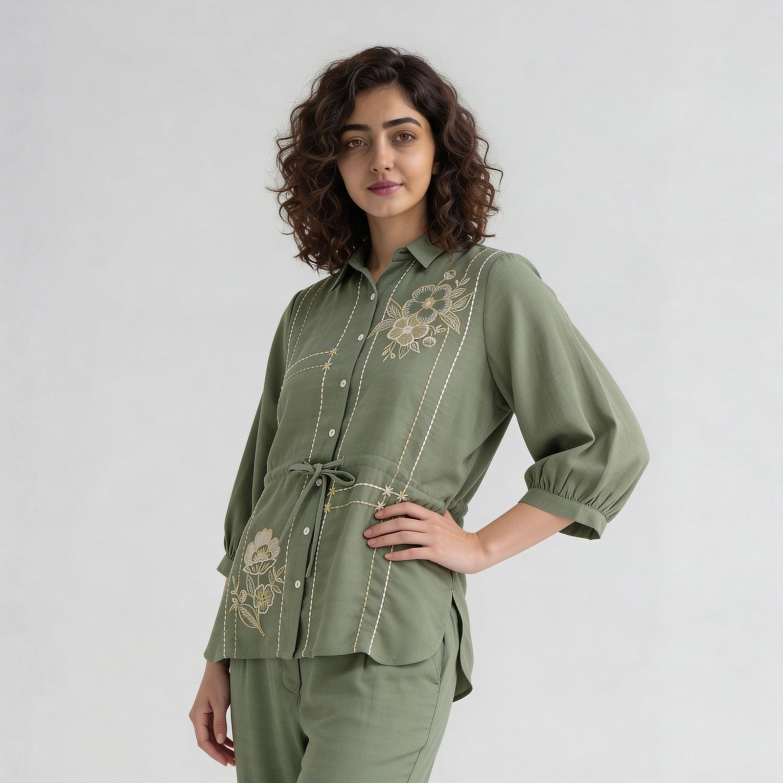 Embroidered Shirt With Waist Tie Up