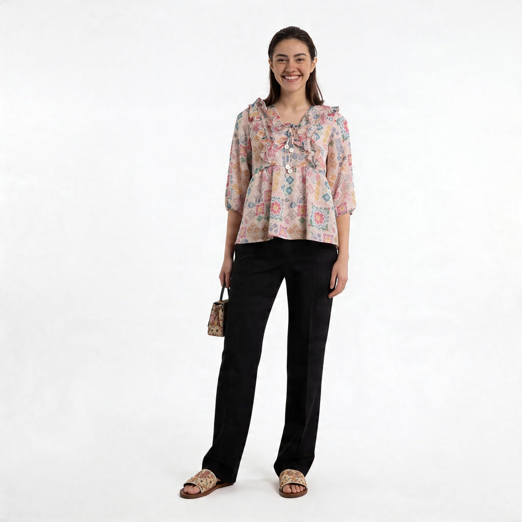 Printed Peplum Top With Ruffle and Tie-Up Neck Detail
