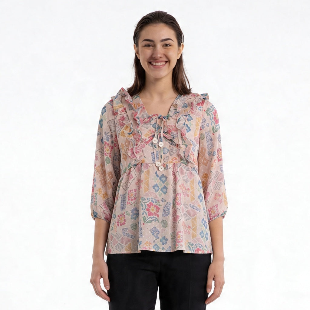 Printed Peplum Top With Ruffle and Tie-Up Neck Detail