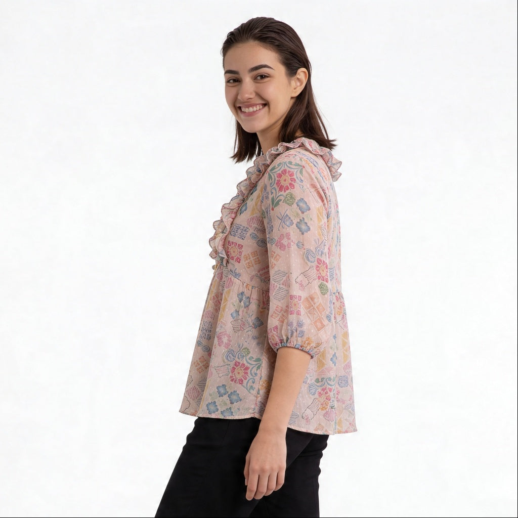 Printed Peplum Top With Ruffle and Tie-Up Neck Detail