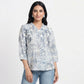 Printed V-Neck Front Pelat Ruffle Neck Top