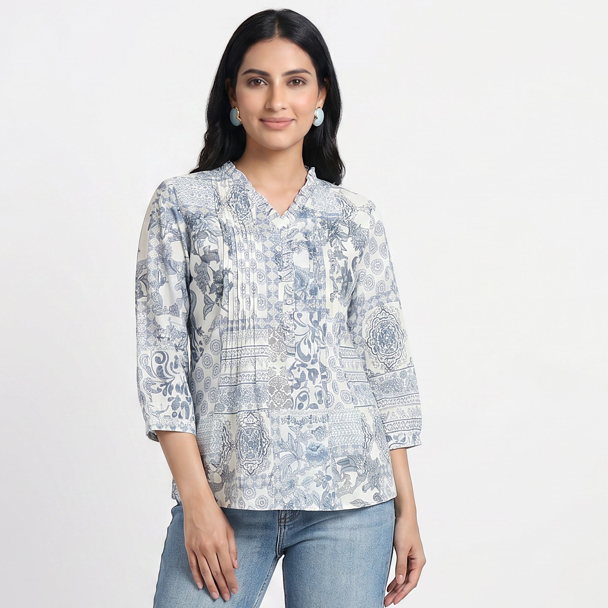 Printed V-Neck Front Pelat Ruffle Neck Top