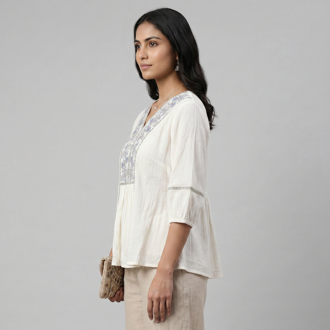 Embroidered V-Neck Flared Top