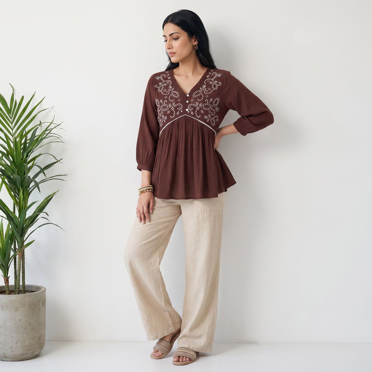 Embroidered V-Neck Flared Top