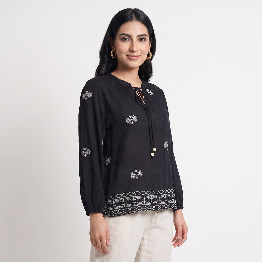 Embroidered Tie Up Relaxed Top