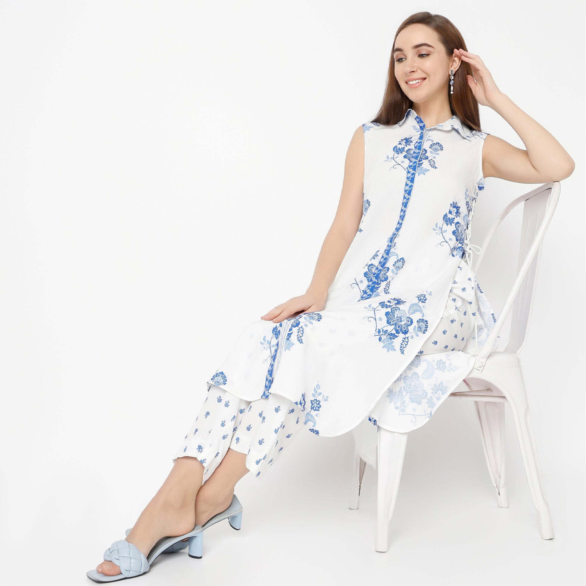 Flare Fit Printed Shirt Collar Kurta