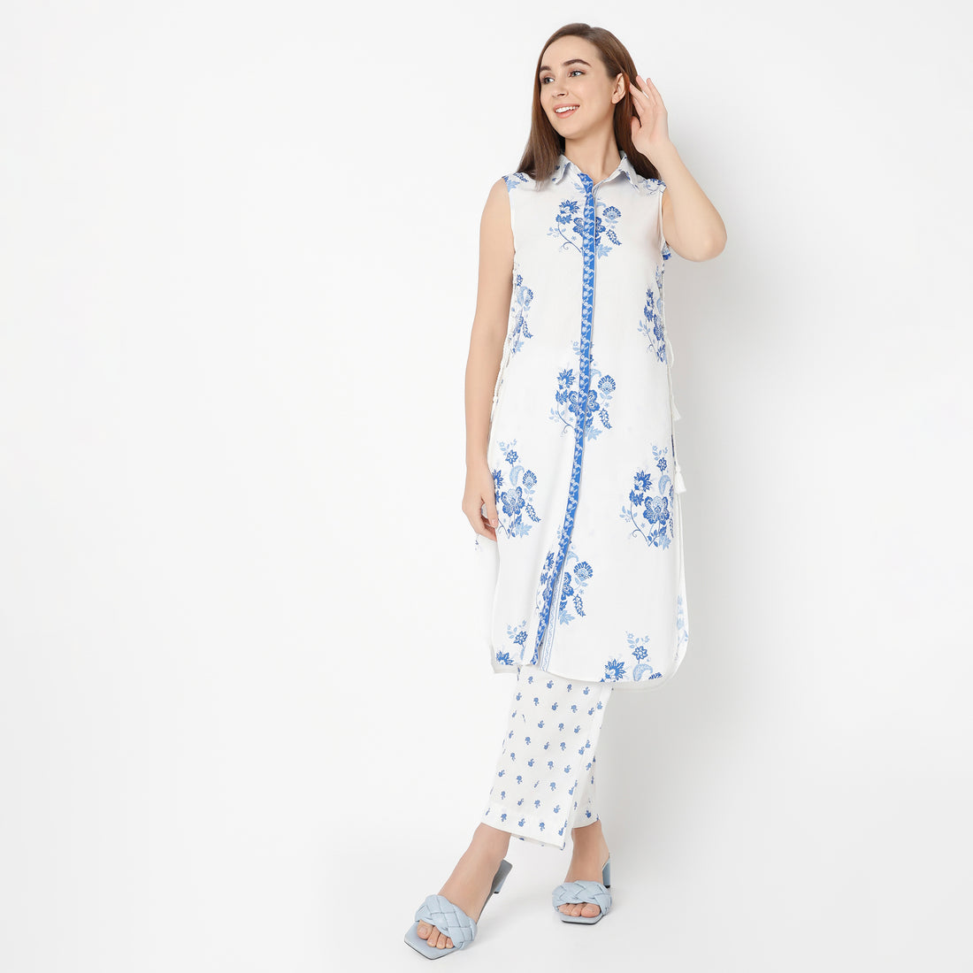 Flare Fit Printed Shirt Collar Kurta