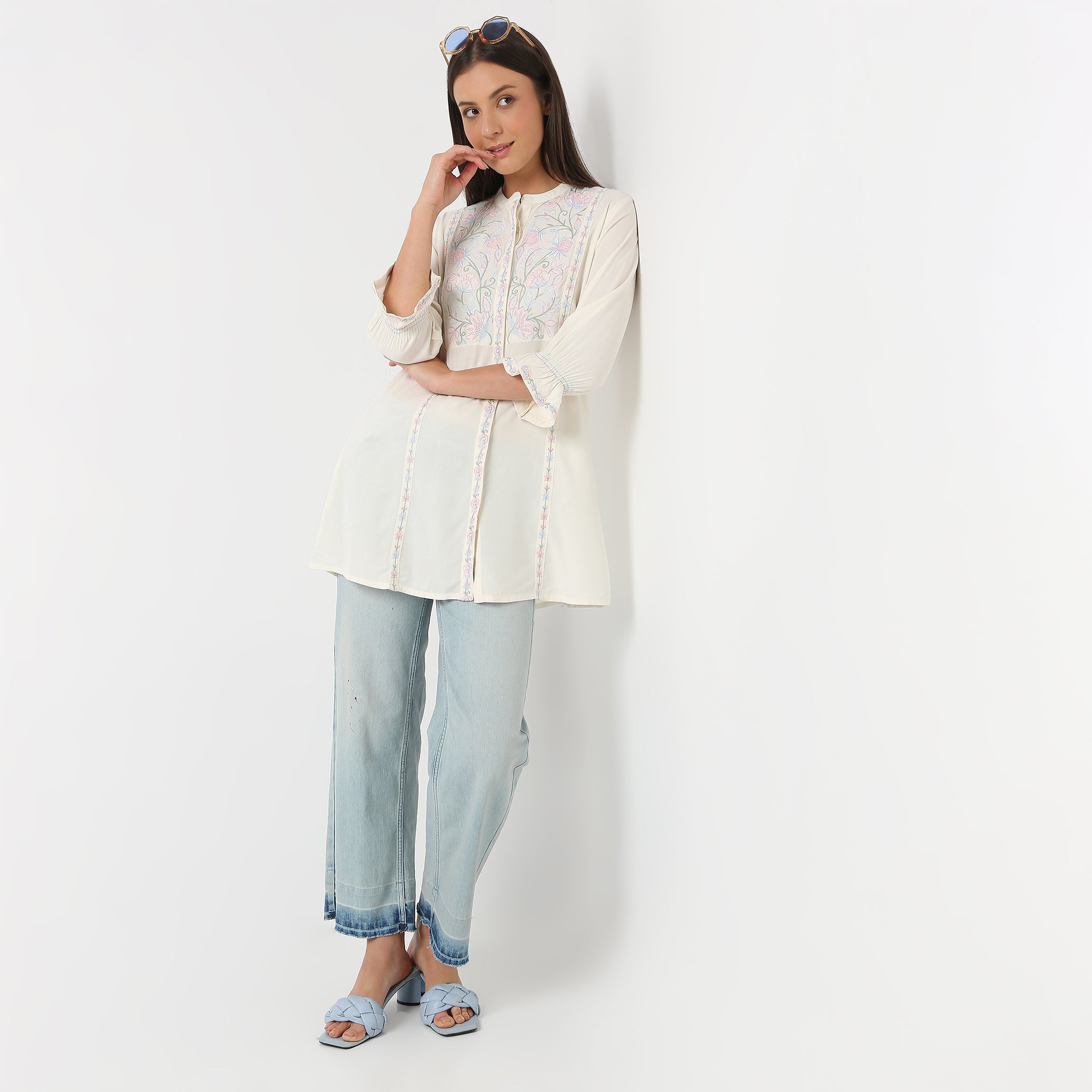 Embroidered Band Neck Short Length Three-Fourth Sleeve Flare Fit Tunic