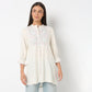 Embroidered Band Neck Short Length Three-Fourth Sleeve Flare Fit Tunic