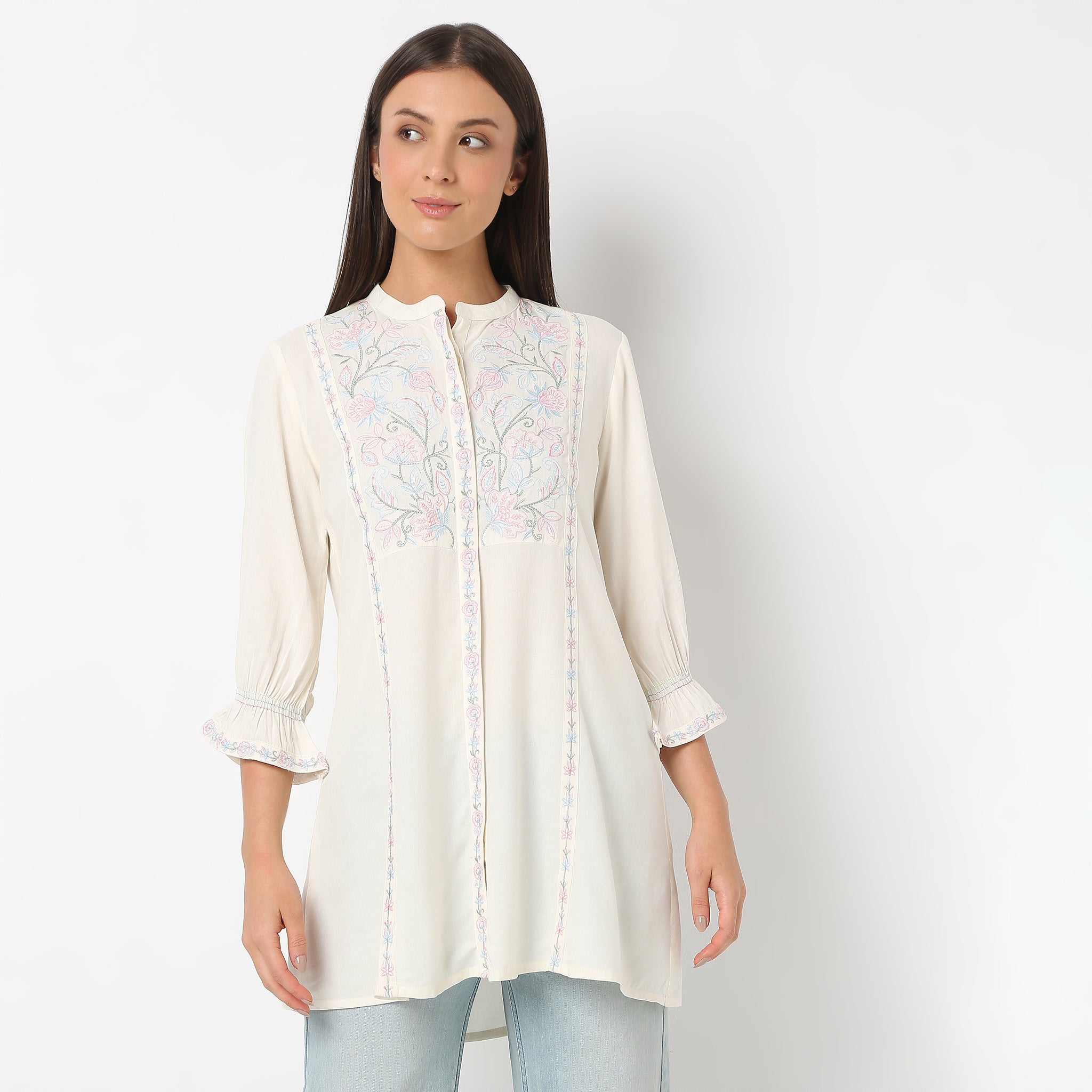 Embroidered Band Neck Short Length Three-Fourth Sleeve Flare Fit Tunic