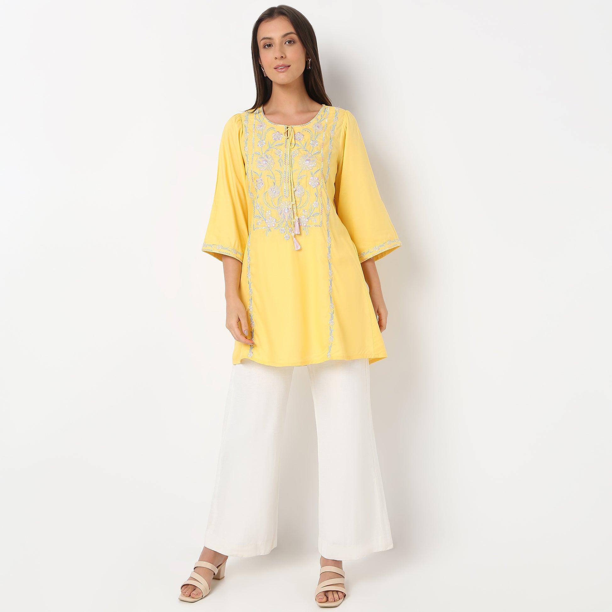 Embroidered Round Neck Short Length Three-Fourth Sleeve Straight Fit Tunic