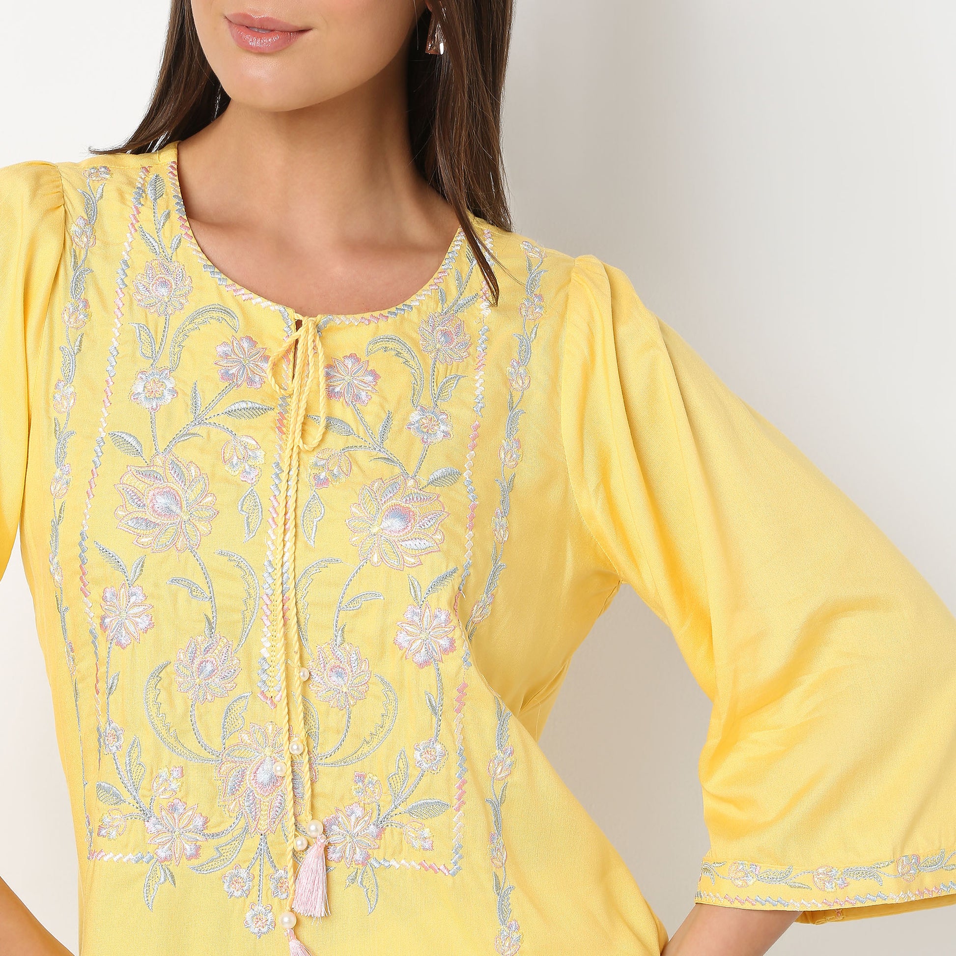 Embroidered Round Neck Short Length Three-Fourth Sleeve Straight Fit Tunic