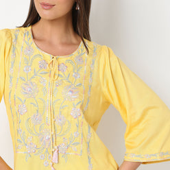 Embroidered Round Neck Short Length Three-Fourth Sleeve Straight Fit Tunic