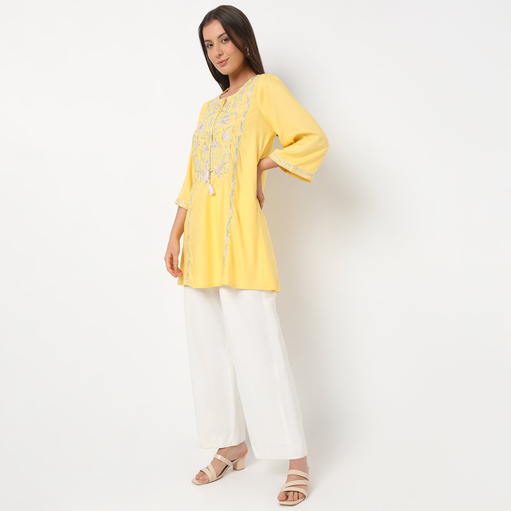 Embroidered Round Neck Short Length Three-Fourth Sleeve Straight Fit Tunic