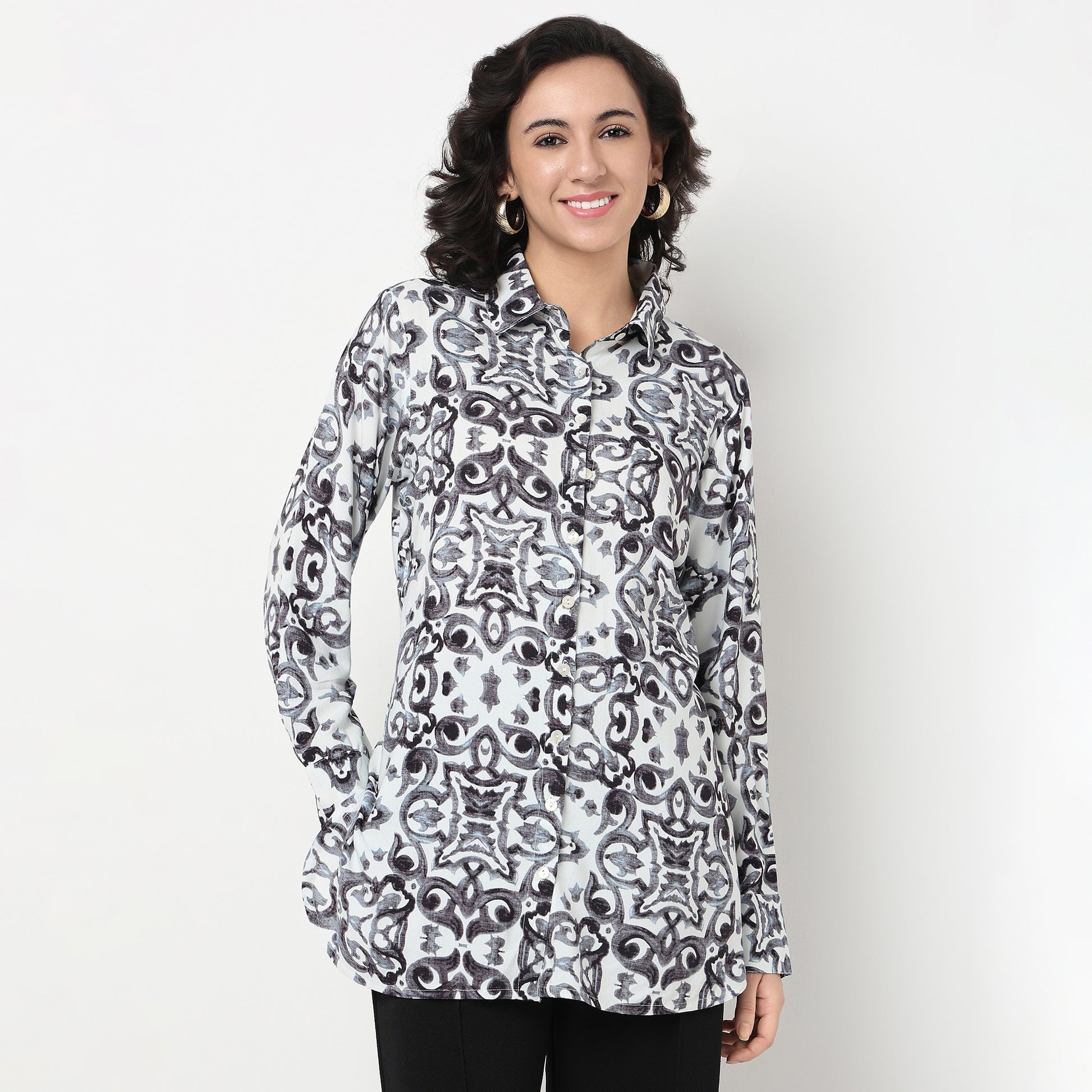 Order Now Women Printed Camp Collar Straight Fit Ethnic Wear Tunic by Style Union