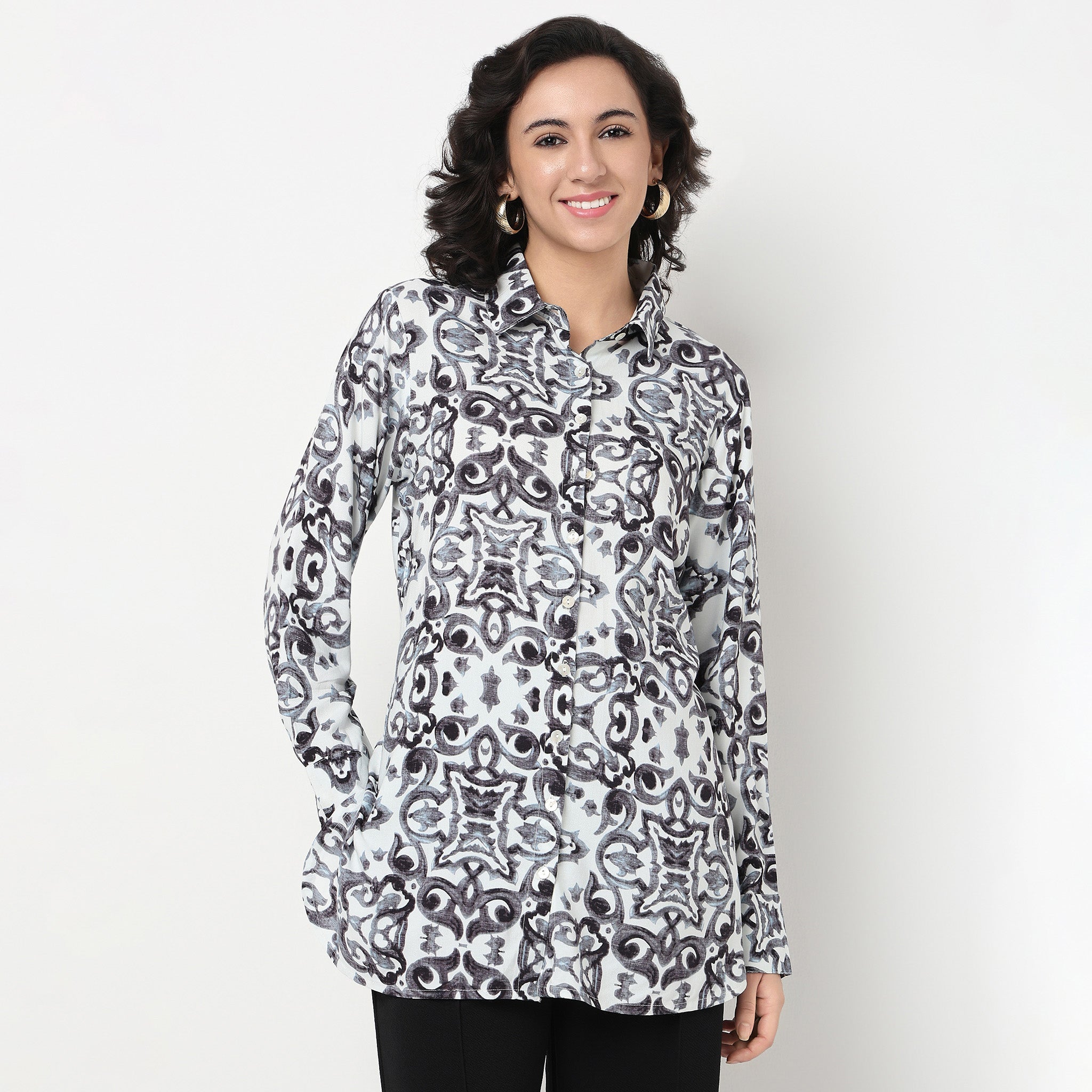 Order Now Women Printed Camp Collar Straight Fit Ethnic Wear Tunic by Style Union