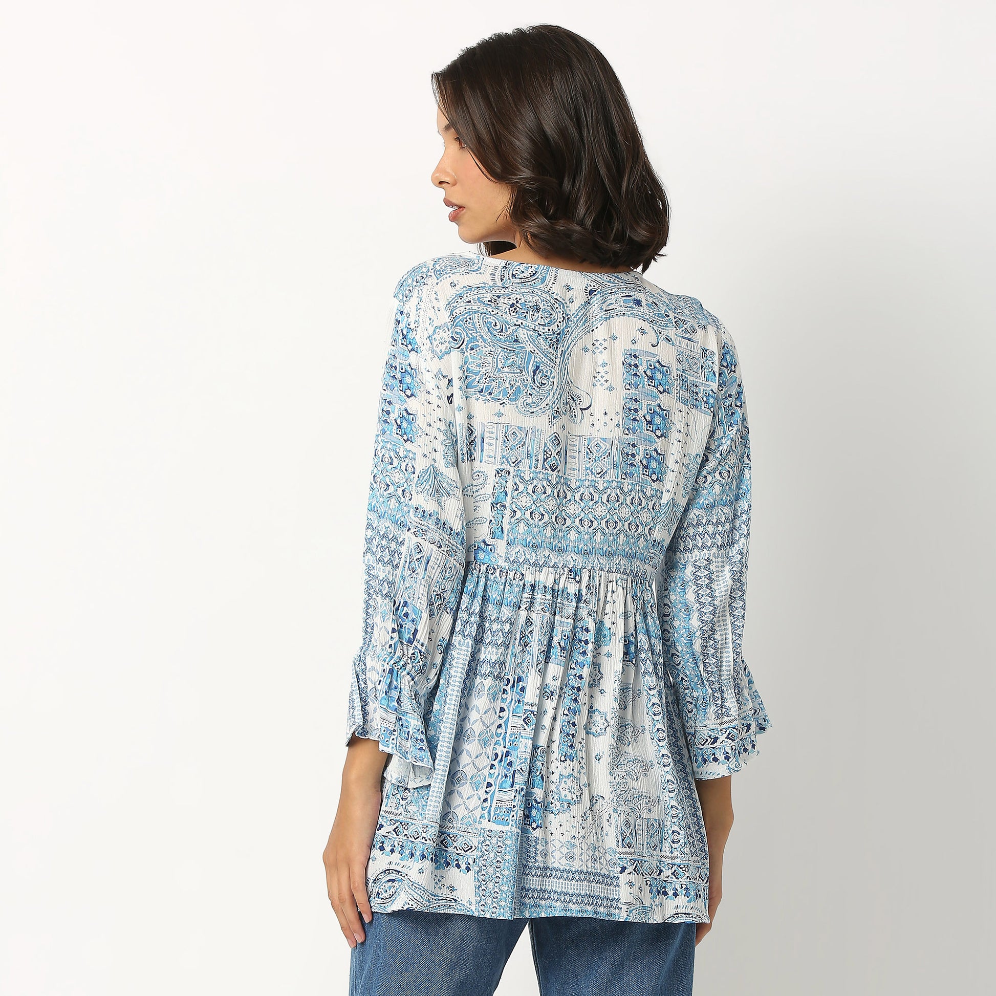 Printed Viscose Tunic with V-Neck