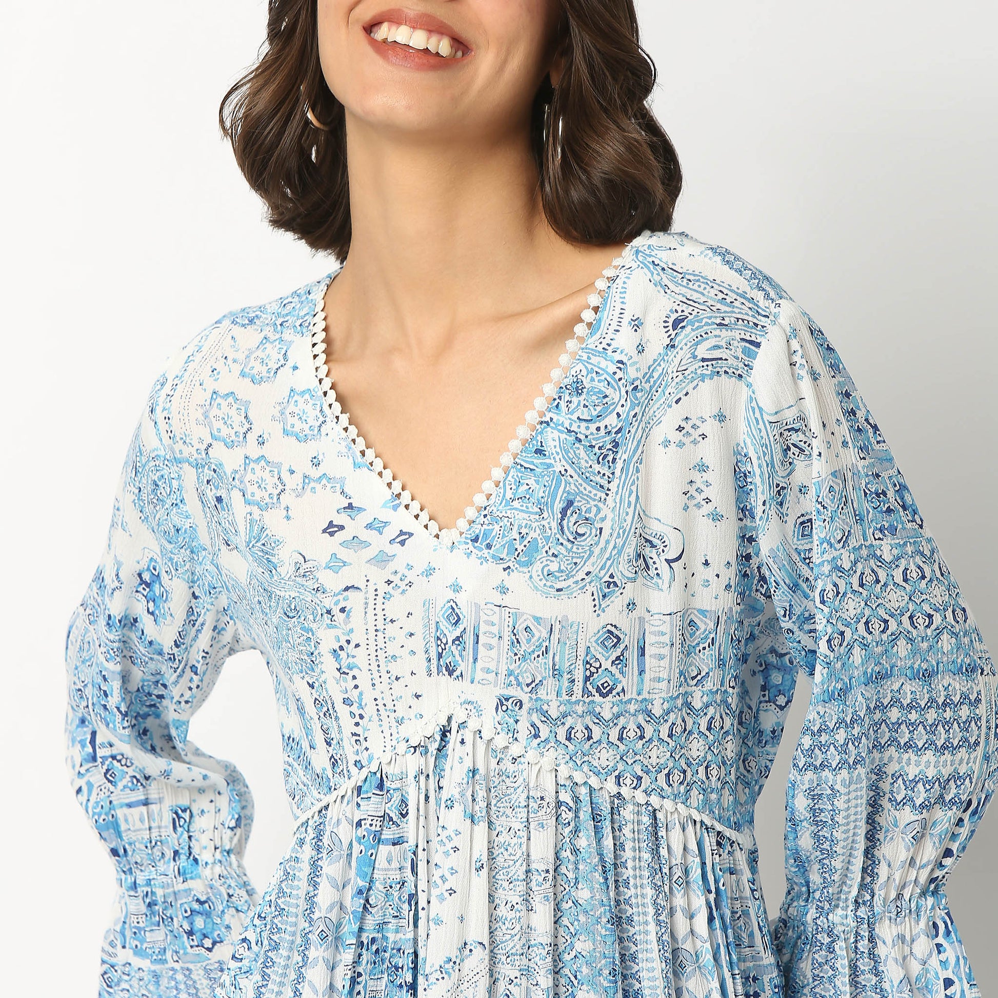 Printed Viscose Tunic with V-Neck
