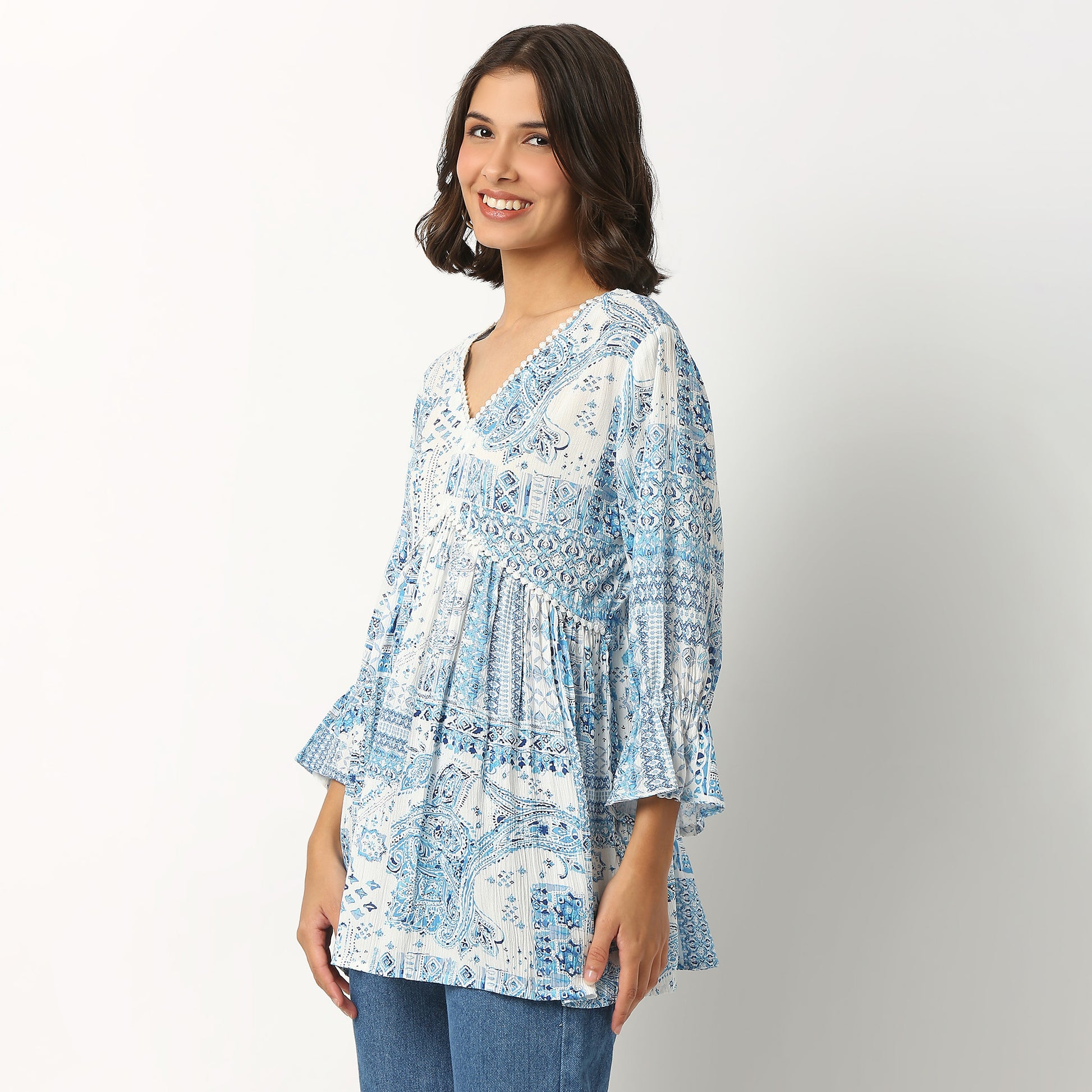 Printed Viscose Tunic with V-Neck