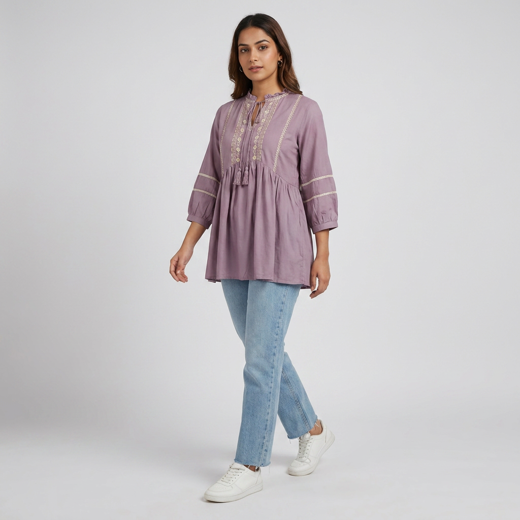 Embroidered W-Cut Tie-Up Neck Tunic